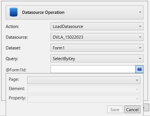 Picture showing options to specify an Element to supply paramater value for a SQL Query in the Event Builder pop-up.